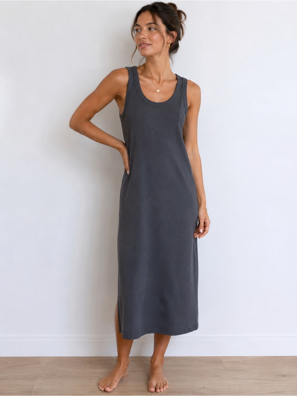 Groceries Apparel Sleeveless Midi Tank Dress in Charcoal